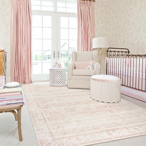 BILEEHOME Nursery Rug for Baby Girl Neutral Blush Pink Boho Floral Washable Soft Faux Wool Area Rugs for Living Room Bedroom,5x8 thumbnail 8
