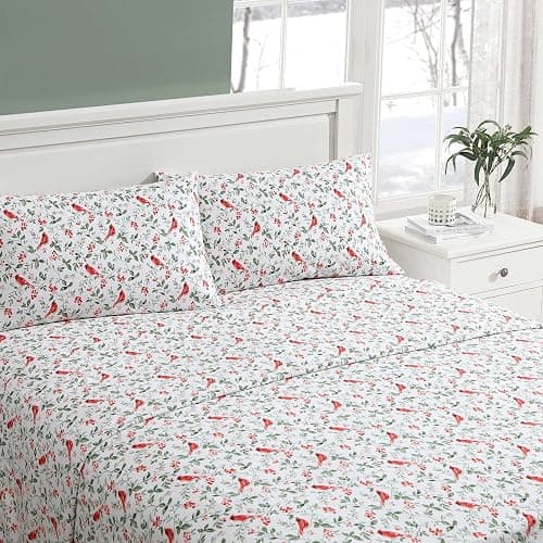 Laura Ashley - Flannel Sheets Queen Size, Anti-Pilling & Wrinkle Resistant Cotton, Touchably Soft for All-Season Comfort - Bed Sheets with Matching Pillowcases & Fitted Sheet (Jolly Cardinals Green) thumbnail 2