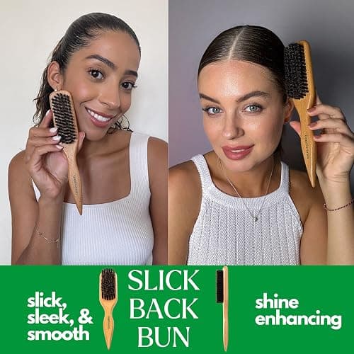 GranNaturals Boar Bristle Slick Back Hair Brush for Sleek Ponytail Bun & Smoothing Baby Hairs, Flyaways, Edge Control - Backcombing & Teasing Hairbrush with Wide Rat Tail for Sectioning & Parting thumbnail 2