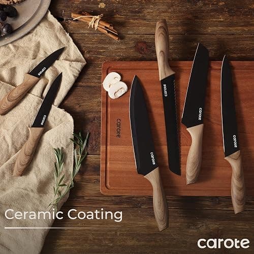 CAROTE 12PCS Knife Set, Stainless Steel Kitchen Knife Set with Nonstick Ceramic Coating, 6 Knives with Blade Guards, Rustproof, Easy-Clean, Black thumbnail 6