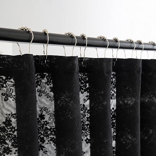TUDECO Black Lace Shower Curtain with Valance, Gothic Style, 72 x 72 Inch | Halloween Bathroom Curtain, Moody Witchy Victorian Decor, Dark Vintage Floral, Soft Light Filtering, Scalloped Edges thumbnail 3