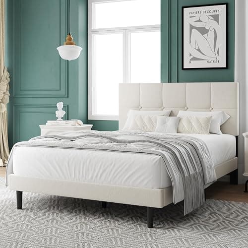 IOILORI Full Size Bed Frame, Full Size Platform Bed Frame with Headboard, Upholstered Headboard, Sturdy Wooden Slats, Noiseless No Box Spring Required, Easy to Assemble, Beige - Image 1