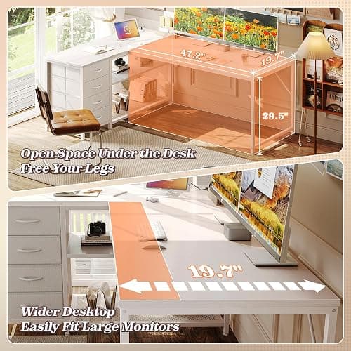 PRAISUN 61" L Shaped Desk with Power Outlets and USB-C Port, Reversible Computer Corner Office Desk with 4 Fabric Drawers and 2 Height-Adjustable Shelves, Large for Gaming Writing Work Study, White thumbnail 5