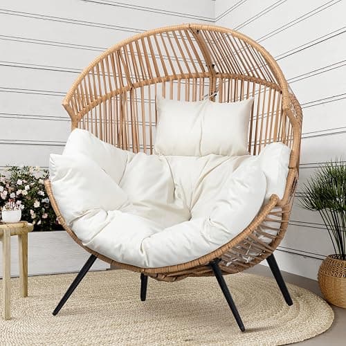 Shintenchi Wicker Egg Chair Outdoor Rattan Patio Chair with Cushion,Oversized Patio Lounge Chairs with Cushion Egg Basket Chair, Egg Seat for Indoor Living Room Bedroom Outside Patio Backyard Balcony - Image 1