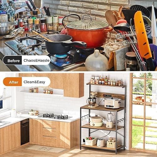 VUSIGN Kitchen Bakers Rack with Power Outlet, 4-Tier Coffee Stand with 6 S Hooks, Adjustable Kitchen Microwave Stand, Appliance Storage Shelf Rack for Spices, Pots and Pans, Rustic Brown,31.5" W thumbnail 8