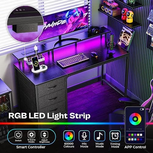 Huuger 47 Inch Computer Desk with Power Outlets and LED Lights, Gaming Desk with 4 Drawers, Office Desk with Monitor Stand, Study Work Home Office, Small Spaces, Black thumbnail 4