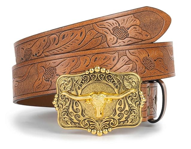 Mawjom Western Cowboy PU Leather Belt - Men Waist Strap Bull Decoration Floral Engraved for Jeans 25" to 38" Waist thumbnail 5