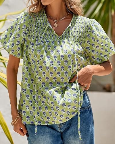 KIRUNDO Boho Tops for Women Summer 2026 Dressy Floral Blouse V Neck Drawstring Short Sleeve Shirts Beach Vacation Clothes thumbnail 7