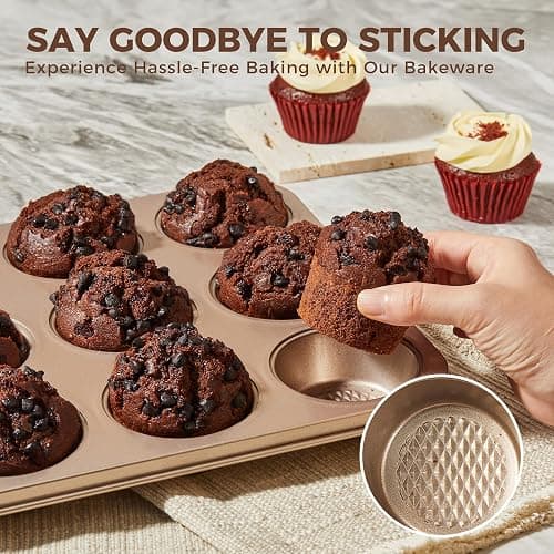 HONGBAKE 9-Piece Baking Pans Set Nonstick, Stackable Non Toxic Bakeware Sets with Diamond Texture, Oven Pan Set for Cooking, Includes Cookie Sheet with Rack, Cake Pan, Roasting Pan, Muffin Tin, Gold thumbnail 7