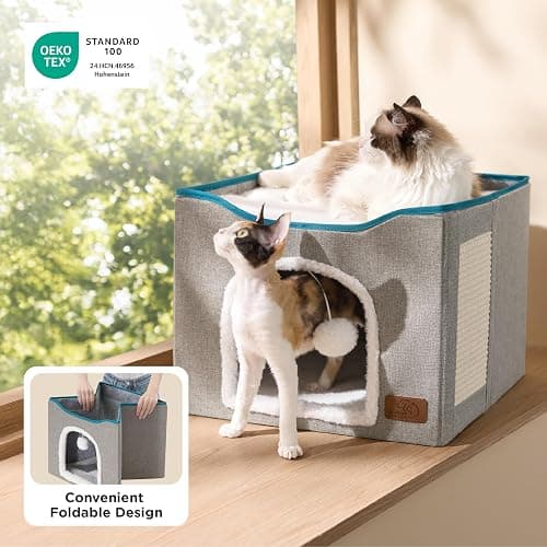 Bedsure Cat Beds for Indoor Cats - Large Cat Cave for Pet Cat House with Fluffy Ball Hanging and Scratch Pad, Foldable Cat Hideaway, 16.5x16.5x13 inches, Dark Grey thumbnail 5