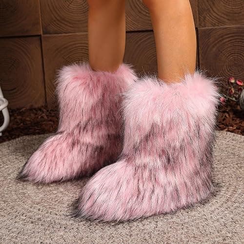 CryoSnowVale Women Faux Fur Furry Boot Fluffy Mid Calf Snow Boots Round Toe Suede Comfy Warm Flat Shoes Winter For Girl thumbnail 2