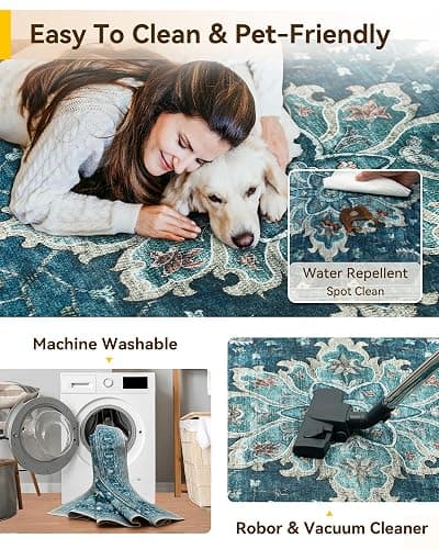RELEANY Area Rugs 8'x10' Washable Non-Slip, Floral Vintage Distress Print Pattern Medallion Carpet for Living Room Bedroom Dining Room, Teal Green Lake Blue Turquoise thumbnail 6