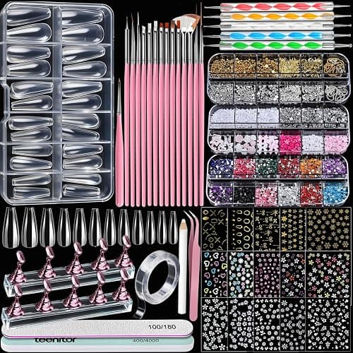 Teenitor Acrylic Nail Kit with Clear Coffin Nail Tips, Nail Charms and Gems, Nail Stickers, Nail Art Brushes, Nail Dotting Tools, Nail Stand, Press On Nails Kit for DIY Nail Art - Image 1