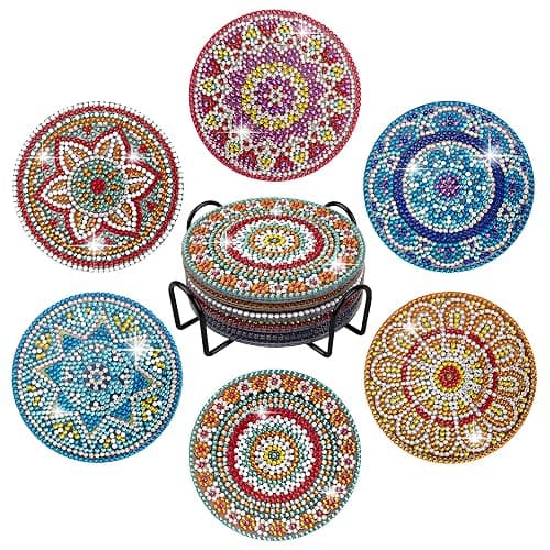 Temlum 6 Pcs Diamond Painting Coasters Kit with Holder, DIY Mandala Diamond Art Coaster Kits for Beginners, Adults Art Craft Supplies - Image 1