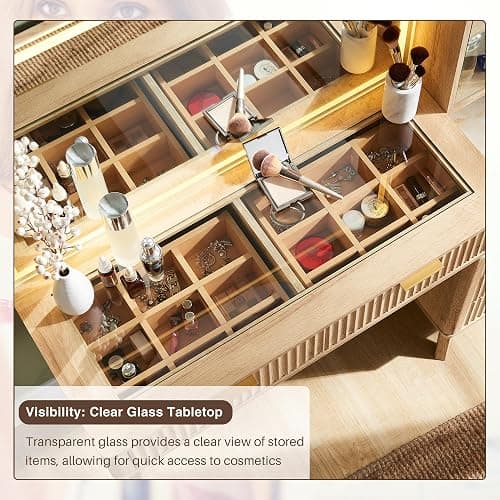T4TREAM 48" Fluted Makeup Vanity Desk with 36" Lighted Mirror, Oak | Smart LED Mirror, Visible Glass Top, 5 Drawers & Adjustable Shelves, Charging Station, Bedroom Makeup Storage thumbnail 5