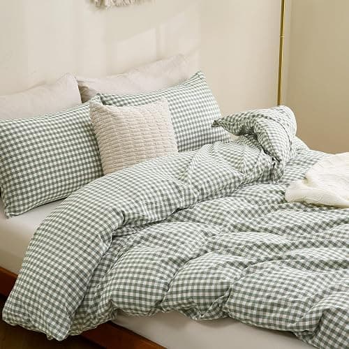 TOCOMOA Green Gingham Duvet Cover Bedding Set 100% Washed Cotton Like Linen Feel Super Soft Comfortable 3 Piece Vintage Plaid Checkered Comforter Cover Set (King 104"x90", Comforter Not Included) thumbnail 4