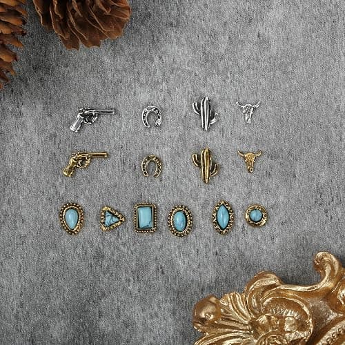 50 PCS Turquoise Nail Charms - 3D Western Nail Charms Vintage Turquoise Gems Stones Art, Retro Metal Gold Silver Cowboy Cowgirl Western Art Stickers Accessories Women DIY thumbnail 2