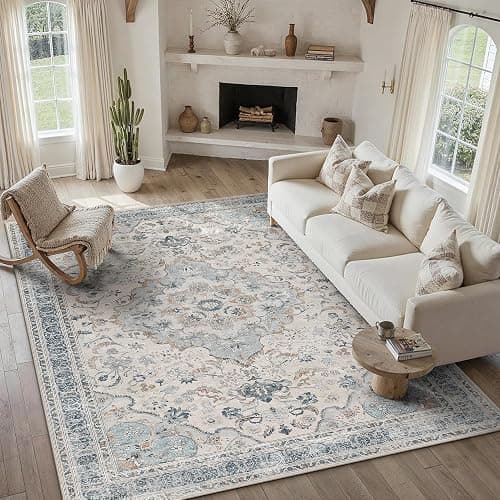 PureCozy Blue Area Rug 8x10 Living Room Vintage Floral Non-Slip Carpet | Machine Washable, Soft, Low Pile, Distressed, Large for Bedroom, Dining Room, Office, Retro Neutral Decor thumbnail 2