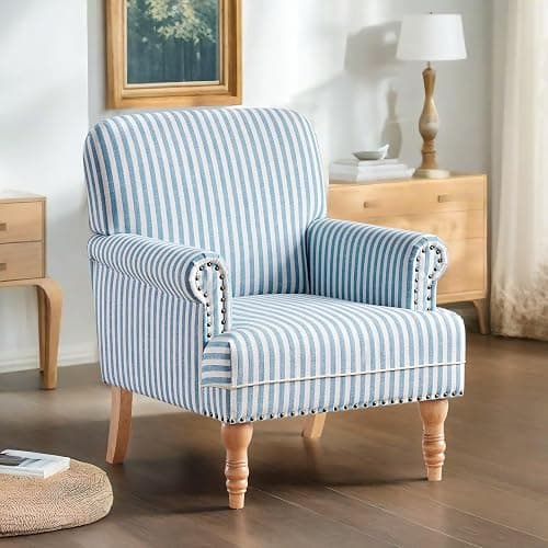 HUIMO Linen Fabric Accent Chair, Mid-Century Modern Armchair with Solid Wood Legs, Single Sofa Chair,Upholstered Reading Club Chair (1, Blue and White Stripe) thumbnail 5