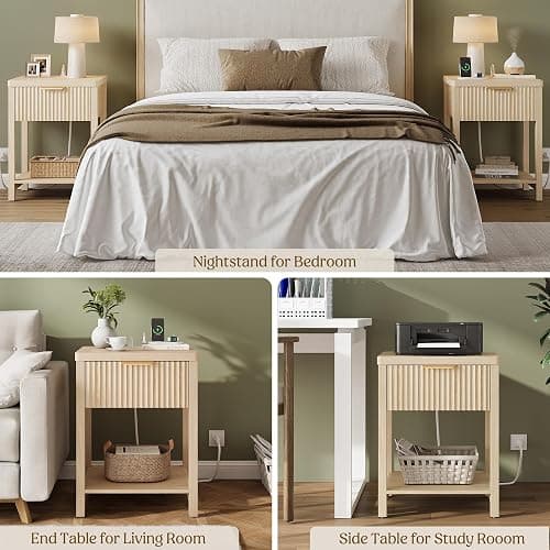 Night Stand Set 2, Fluted Wood Nightstands w/Charging Station for Bedroom | Natural, Storage Drawer, Open Shelf, Metal Silent Rails, Round Corners, Modern Fluted Panel, Living Room, Bedside Table thumbnail 8