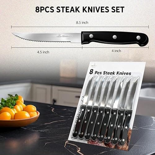Upgraded Steak Knives Set of 8, Uncoated Stainless Steel Serrated Steak Knife Set, 4.5 Inch Steak Knife with Ergonomic Handle and Sharp Blades, Dishwasher Safe Dinner Knives for Kitchen, Restaurant thumbnail 2