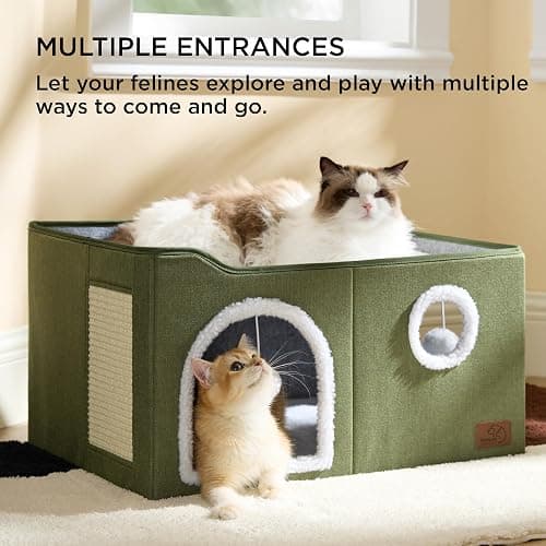 Bedsure Large Cat Beds for Indoor Cats - Extra Wide Cat Cube House for Small Pet with Fluffy Ball Hanging and Scratch Pad, Foldable Pet Cave Hideaway for Multiple Cats, 23.6x16.9x13 inches thumbnail 3