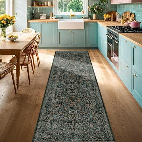 Dark Green 2'6" x 8' Runners for Hallways Non Slip, Extra Long Floor Runner for Kitchen, Entryway Indoor, Washable Rubber Backing Stain Resistant - Vintage Floral Décor thumbnail 2
