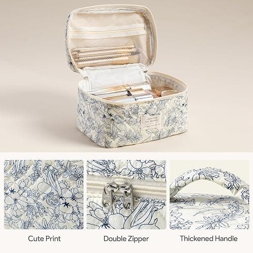 HBselect Quilted Makeup Bag, 3PCS Cotton Large Travel Makeup Bag, Cute Floral Coquette Make up Bag Cosmetic Bag Toiletry Bag for Women Girls thumbnail 3