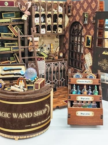 CUTEROOM Book Nook Kit for Adults, 3D Wooden Puzzle DIY Miniature Dollhouse Booknook Kit, Tiny House Building Kit with LED Light for Bookshelf Insert Decor- Magic Wand - Magic Wand thumbnail 9