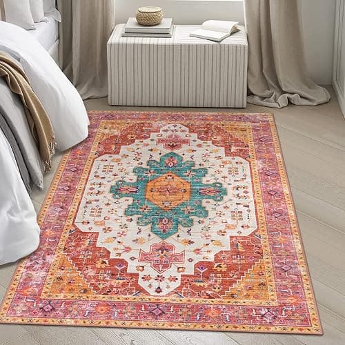 Moynesa Ultra-Thin Washable Area Rug - 4x6 Pink Rugs for Bedroom Girls Vintage Rug for Living Room, Non Slip Non Shedding Low Pile Indoor Throw Carpet for Nursery Office Entryway Kitchen Foyer thumbnail 7