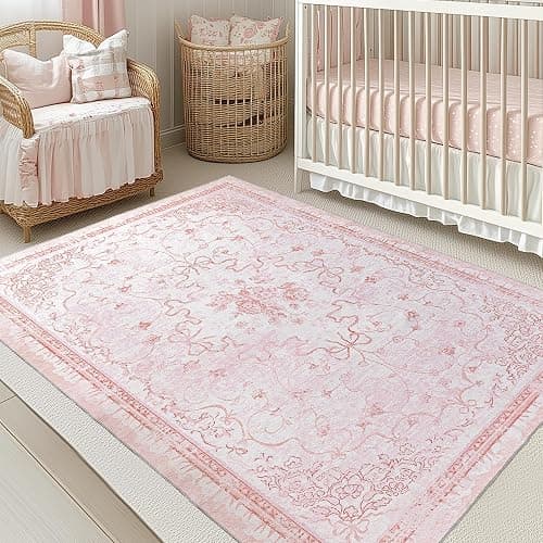 Pink Rug for Nursery Girl Bedroom 5x8 - Cute Bow Coquette Room Decor for Teen Girls Aesthetic,Washable Light Pink and White Cottage Core Floral Scalloped Rug for Dorm Room College Students Playroom - Image 1