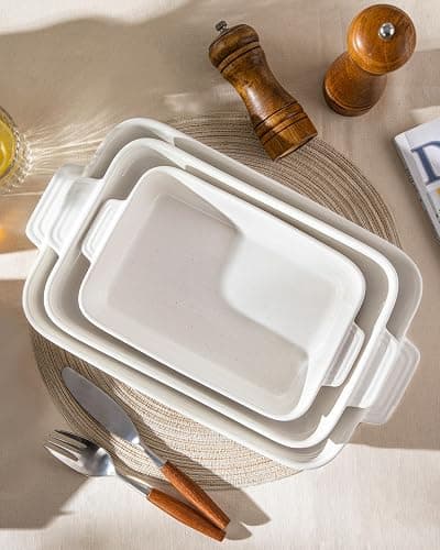 MALACASA Casserole Dishes for Oven, Ceramic Baking Dishes Set of 3, Baking Pan Casserole Dish Set, Rectangular Lasagna Pan Deep with Handles for Baking, Khaki White (14.5''/13''/10.5''), Series TARA thumbnail 8
