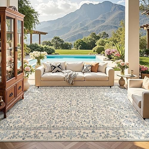 jinchan Zenith Floral 8x10 Area Rug Soft Low-Pile Living Room Rug Machine Washable Non-Slip Vintage Botanical Aesthetic Throw Carpet for Dining Room Bedroom Nursery Blue/Cream thumbnail 4