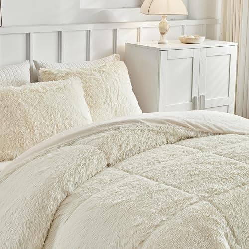 LenLuck Fluffy Full Size Comforter Set, Cream White Comforter with 2 Pillow Shams, Ultra Soft Thick Comforter, Fuzzy Bedding Plush Comforter Sets, Cozy Full Size Bed Set for All Seasons thumbnail 3