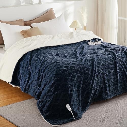 CAROMIO Electric Blanket Full Size - Thick Tufted Sherpa Heated Blanket with 10 Heating Levels and 10 Time Settings, ETL Certified Machine Washable Fast Heating Blanket Full 72"×84", Navy Blue thumbnail 7