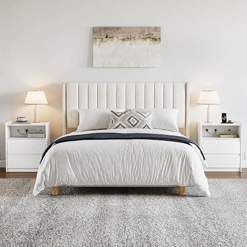 FurniXpress 24" Tall White Nightstand with Charging Station, 2 Drawer Modern Bedside Table with Tray Top, USB & Type-C Ports, AC Outlets, and Open Shelf for Bedroom or Living Room thumbnail 8