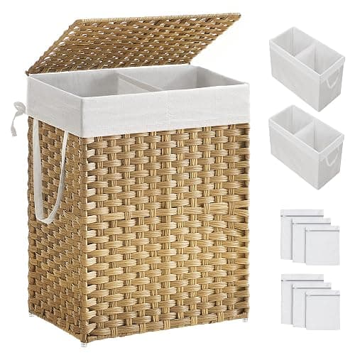 SONGMICS Laundry Hamper with Lid, 90L Clothes Hamper with 2 Removable Liner Bags, 6 Mesh Bags, Wicker Laundry Basket, Double Laundry Hamper for Bathroom, 13 x 18.1 x 23.6 Inches, Natural ULCB251N01V1 - Image 1
