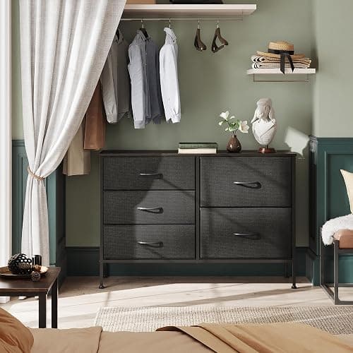 WLIVE 5 Drawer Black Fabric Dresser for Bedroom, Wide Storage Chest | Black 5-drawer wide fabric dresser with steel frame, modern storage for bedroom living room home closet thumbnail 4