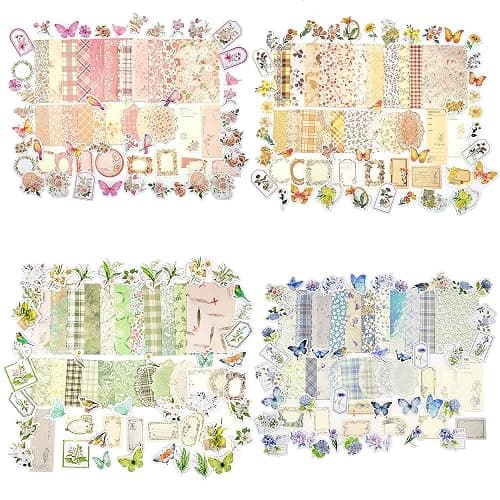 OKUPAN Vintage Floral Scrapbook Paper & Journaling Stickers (400pcs) Assorted Set - 4 Pack Junk Journal Supplies for Bullet Journaling, Retro Crafts, Planner, Mixed Media, Collage Card Album - Image 1