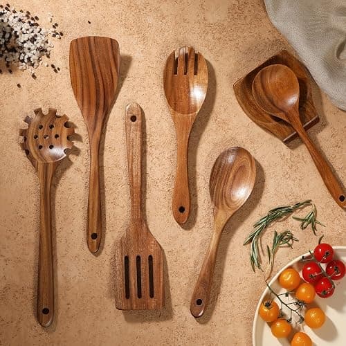 Wooden Spoons for Cooking, 12 Pcs Nonstick Wooden Cooking Utensils Set with Comfort Grip – 100% Natural Teak Wood - Sturdy, Lightweight & Heat Resistant Kitchen Utensils thumbnail 2