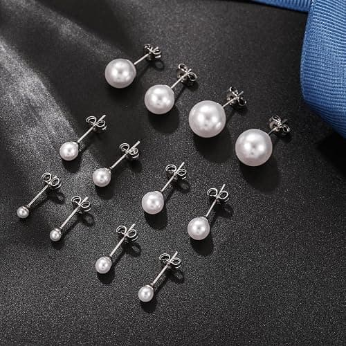Senteria 925 Sterling Silver Pearl Earrings Studs Set Hypoallergenic Small Stud Earrings Lightweight Shiny Earrings Studs for Women 6 Pairs 3-10MM thumbnail 7