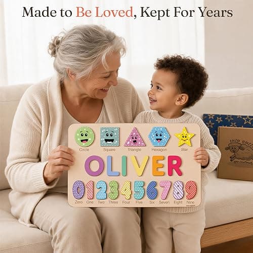 Zuzu Wooden Personalized Letter, Number and Shape Puzzle - 12 Options | First Birthday Gift for Toddlers Boys and Girls | Heirloom Keepsake thumbnail 8