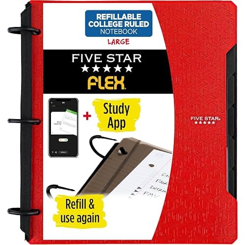 Five Star Flex Refillable Notebook + Study App, College Ruled Paper and 1 Inch TechLock Ring Binder with Pockets, Tabs and Dividers, 200 Sheet Capacity, Fire Red (29328AB2) - Image 1