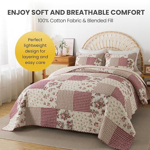 SLPR Country Roses Patchwork Cotton Pieced Quilt Set - Twin Size with 1 Sham, French Country Style Floral Bedding, Red Rose Farmhouse Quilted Bedspread with Flower Pattern thumbnail 3