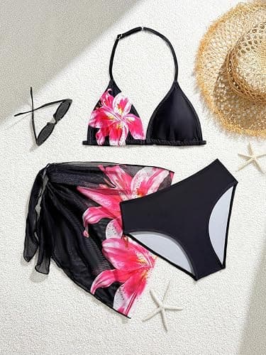 Fvnbvrst Girls Floral Teens Swimsuit Tween Bathing Suit Bikinis for Teens | Cute 3 pieces swimsuit set, teen girl swimsuit, adjustable strap, triangle bikini, halter neck, bathing suit size 7-16, 10-12 thumbnail 6