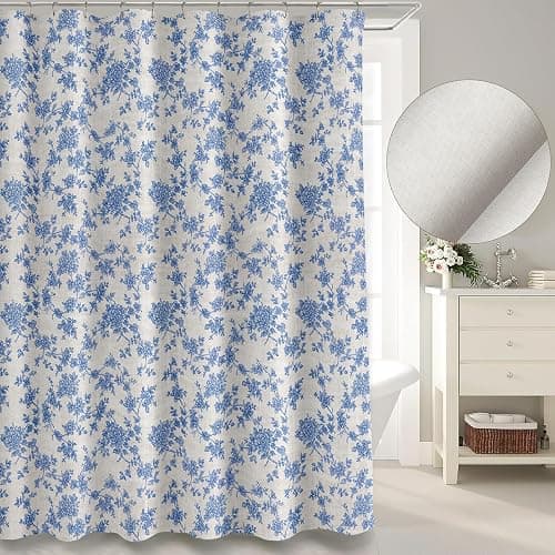 MUGINYU Blue Vintage Floral Linen Shower Curtain-Toile Cottage Core Farmhouse Country Neutral Botanical Bath Curtain for Bahtroom Decor 72x72inch thumbnail 2