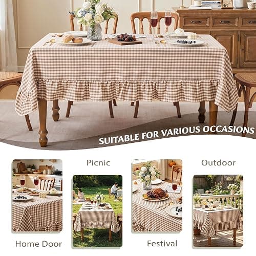 Fiokle Gingham Ruffled Tablecloth Rectangle Cotton Style, Taupe 52x70 | Farmhouse Checkered Table Cloth, Washable Shrinkle & Wrinkle Free Plaid Table Cover for Dinner, Holiday, Party thumbnail 6