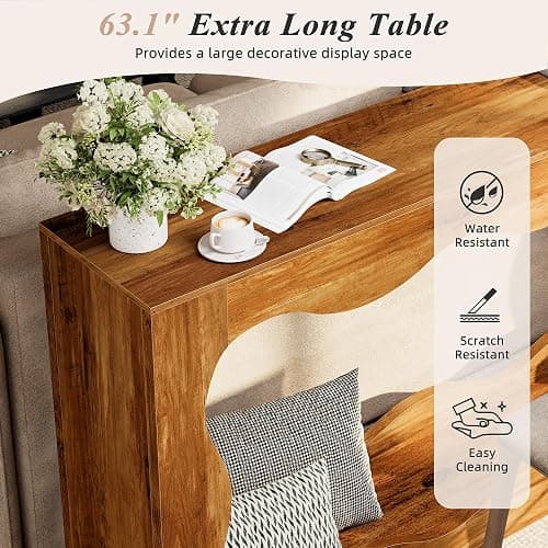 Shintenchi 63 inch Farmhouse Console Table with Storage & LED Light, Long Sofa Table Behind Couch, Narrow Entryway Entrance Table, Hallway Accent Stand Home Decor for Living Room, Entry Way, Brown thumbnail 5