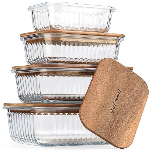 dokaworld Ribbed Glass 4 Stackable Meal Prep Containers with Acacia Lids | Lunch, Meal & Food Prep - Microwave & Oven Safe BPA Free Durable Heat Resistant Inert Borosilicate Glass - Image 1