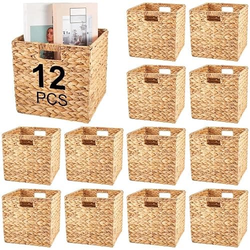 Jinei 12 Pcs Water Hyacinth Storage Baskets 10"x10"x10" Wood Color | Handwoven Wicker Bins with Handles, Wicker Cube Baskets Bulk for Shelves Organizer Laundry, Closet Bedroom - Image 1